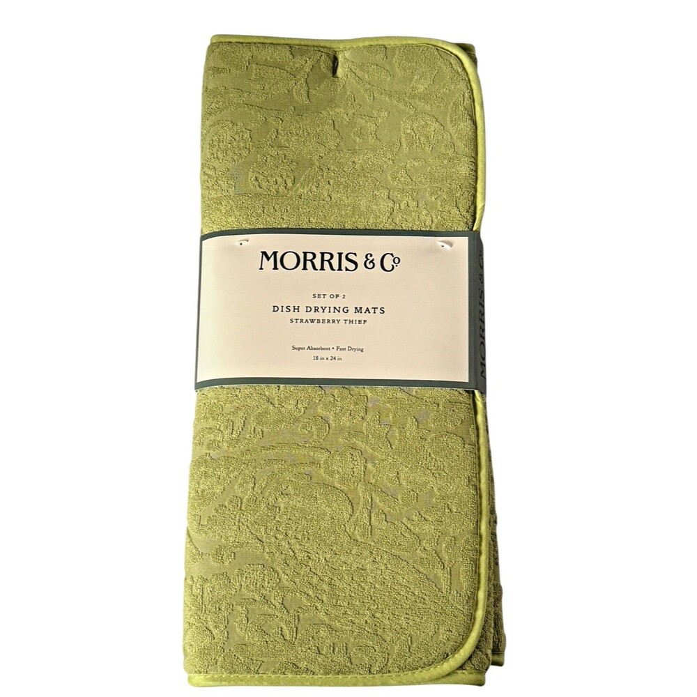 Morris & Co Strawberry Thief Kitchen Dish Drying Mats Green 18X24 Set of 2